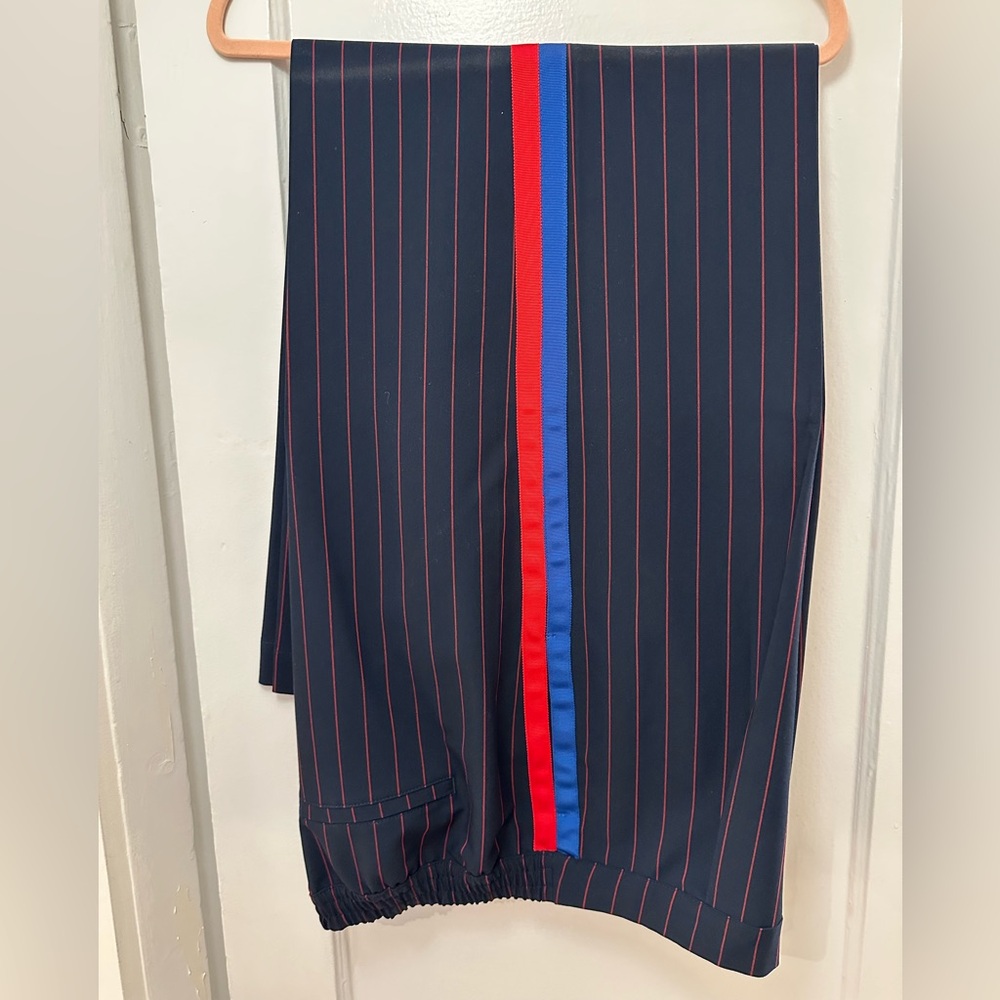 Navy Pinstripe Track Trousers with Red & Blue Side Stripe